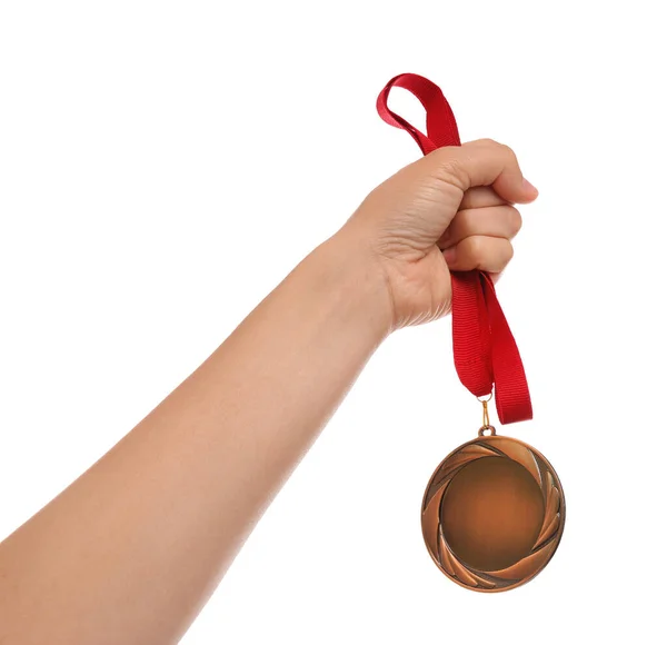Woman Holding Bronze Medal White Background Closeup — Stock Photo, Image