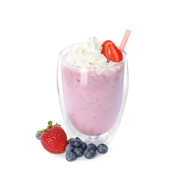 Tasty Milk Shake Fresh Berries White Background — Stock Photo, Image