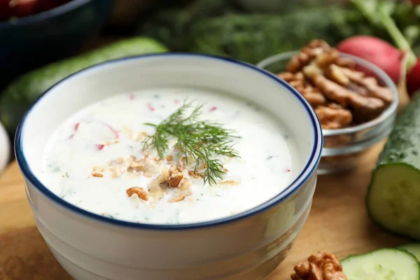 Delicious Cold Summer Soup Wooden Board Closeup — Stock Photo, Image