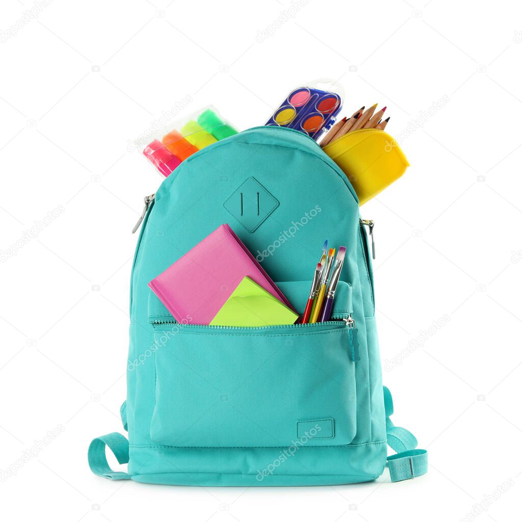Turquoise backpack with different school stationery on white background