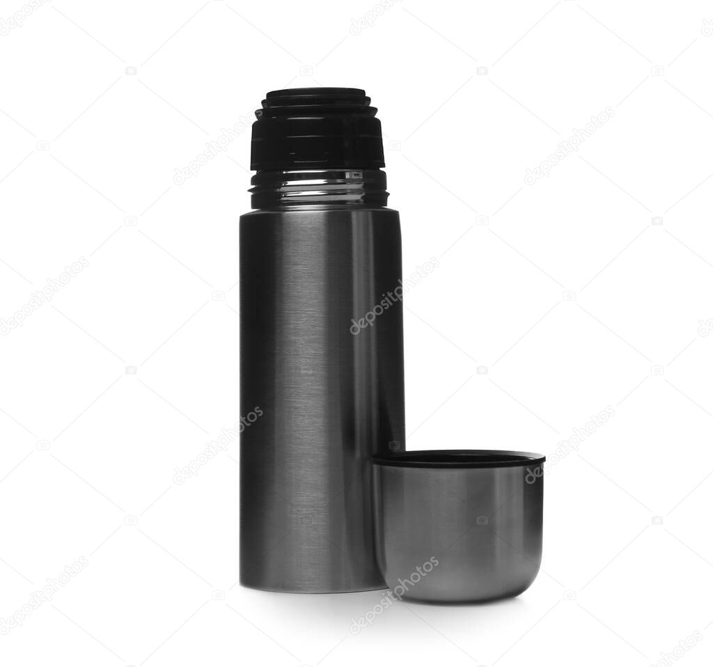 New modern thermos and cup isolated on white