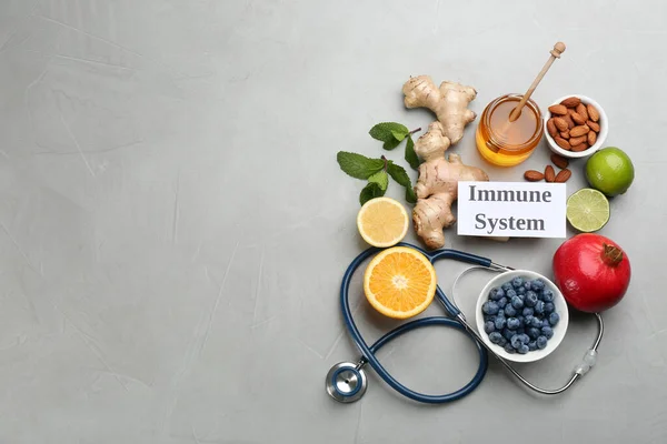 Set Mit Naturprodukten Stethoskop Und Karte Mit Text Immune System — Stockfoto