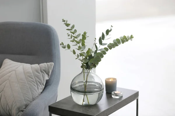 Vase Mit Frischen Eukalyptuszweigen Auf Dem Tisch Wohnzimmer Innenarchitektur — Stockfoto