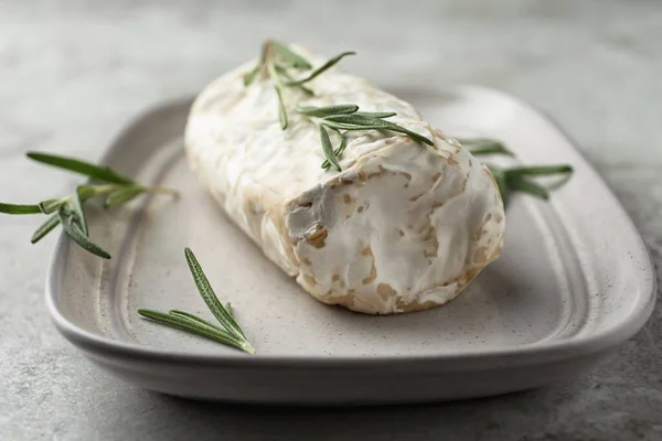 Delicious Fresh Goat Cheese Rosemary Light Grey Table Closeup — Stock Photo, Image