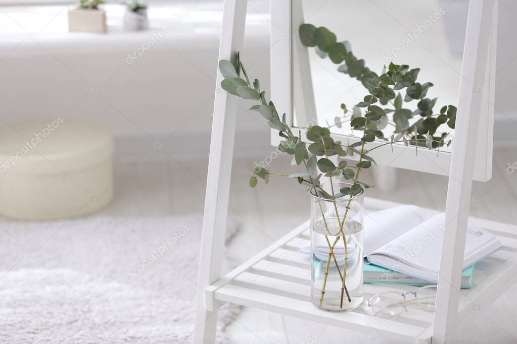 Vase with fresh eucalyptus branches on mirror shelf in room. Interior design