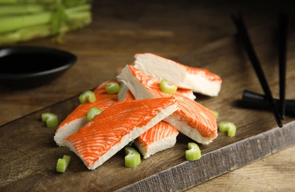 Fresh Crab Sticks Celery Served Wooden Table Closeup — Stock Photo, Image