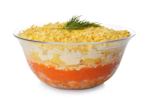 Salade Russe Traditionnelle Mimosa Sur Fond Blanc — Photo