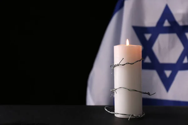 Barbed Wire Burning Candle Black Background Space Text Holocaust Memory — Stock Photo, Image