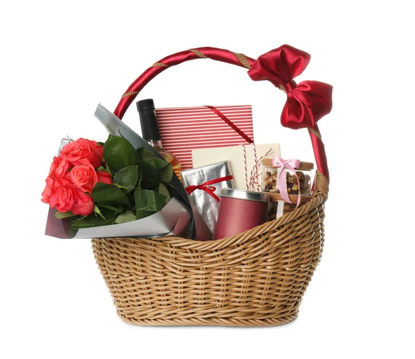 Wicker Basket Full Presents Isolated White — Stock Photo, Image