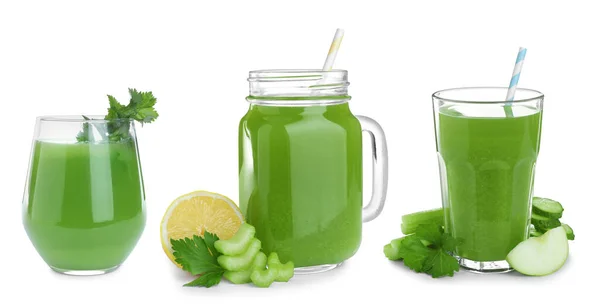 Set Fresh Celery Juice White Background Banner Design — Stock Photo, Image