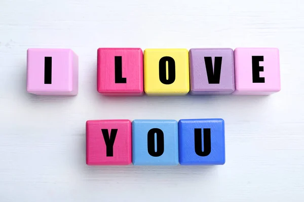 Colorful Cubes Words Love You White Wooden Background Flat Lay — Stock Photo, Image