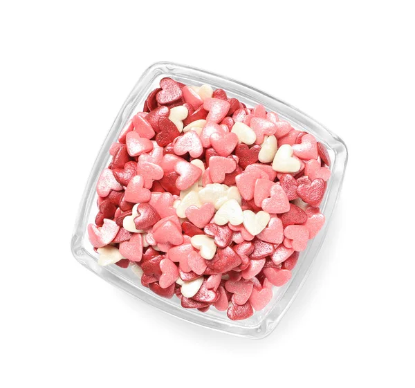 Sweet Candy Hearts Bowl White Background Top View — Stock Photo, Image