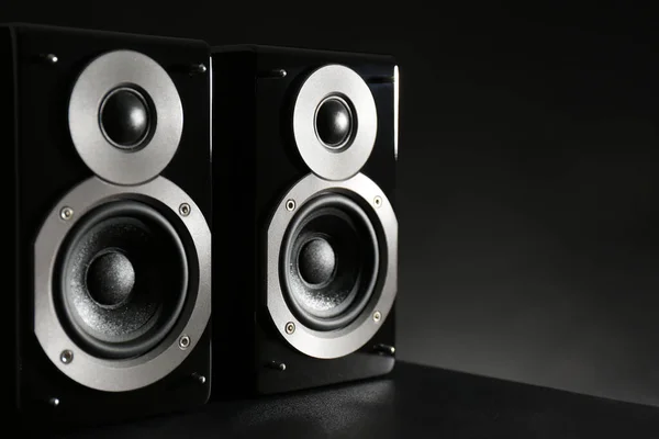 Modern Powerful Audio Speakers Black Table Space Text — Stock Photo, Image