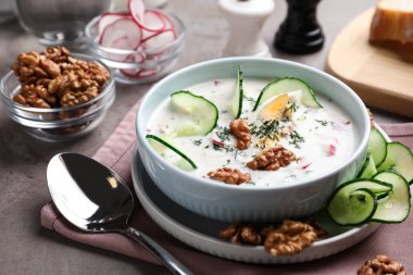 Gri masada lezzetli soğuk yaz çorbası