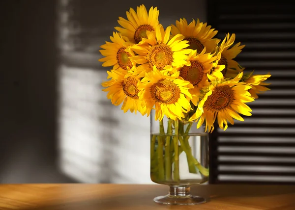 Bouquet Beautiful Sunflowers Table Room Space Text — Stock Photo, Image