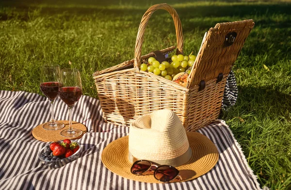 Vinho Tinto Diferentes Produtos Para Piquenique Verão Servido Cobertor Livre — Fotografia de Stock