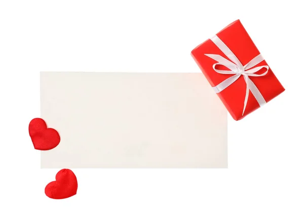 Blank Card Gift Box White Background Top View Valentine Day — Stock Photo, Image