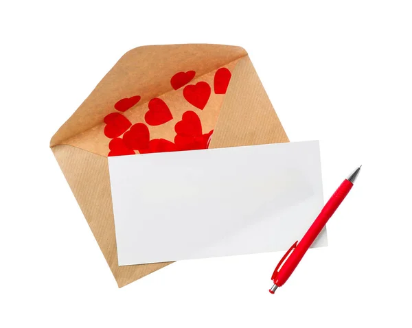 空白卡片 白色背景的信封和钢笔 顶部视图 情人节庆祝活动 — 图库照片