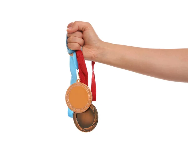 Woman Holding Gold Bronze Medals White Background Closeup — Stock Photo, Image