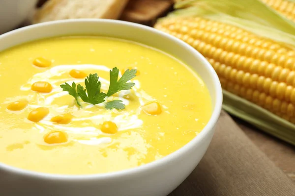 Deliciosa Sopa Milho Cremoso Tigela Close — Fotografia de Stock