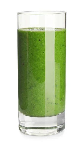 在白色的玻璃中分离的鲜绿色果汁 — 图库照片