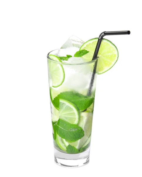 Delicioso Mojito Vidrio Aislado Blanco —  Fotos de Stock