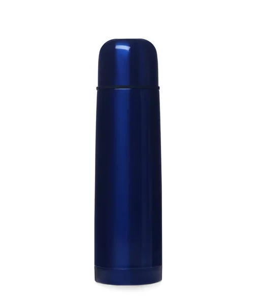 Moderne Gesloten Blauwe Thermosfles Geïsoleerd Wit — Stockfoto