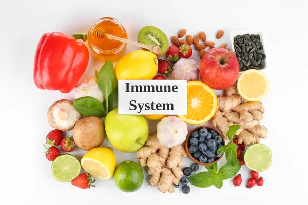 Set Von Naturprodukten Und Karte Mit Text Immune System Auf — Stockfoto