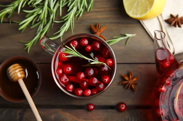 Tasty Hot Cranberry Tea Fresh Ingredients Wooden Table Flat Lay — Stock Photo, Image