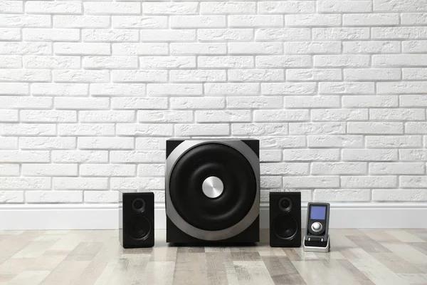 Modern Powerful Audio Speaker System Remote Floor White Brick Wall — Stock Photo, Image