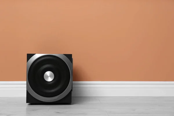 Modern Powerful Subwoofer Floor Orange Wall Space Text Audio Speaker — Stock Photo, Image