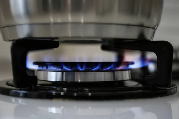 Pot Modern Kitchen Stove Burning Gas Closeup — Stock Photo, Image