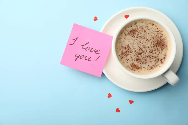 Papier Met Woorden Love You Koffie Kleine Rode Hartjes Lichtblauwe — Stockfoto