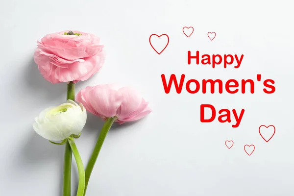 Beautiful Ranunculus Flowers White Background Flat Lay Happy Women Day — Stock Photo, Image