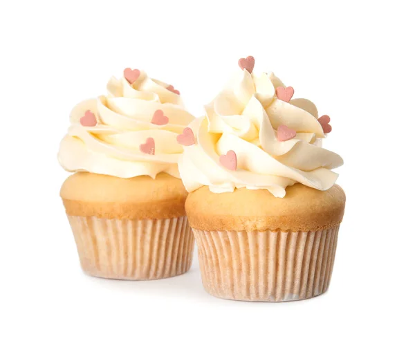 Sabrosos Cupcakes Con Forma Corazón Espolvorea Para Día San Valentín — Foto de Stock