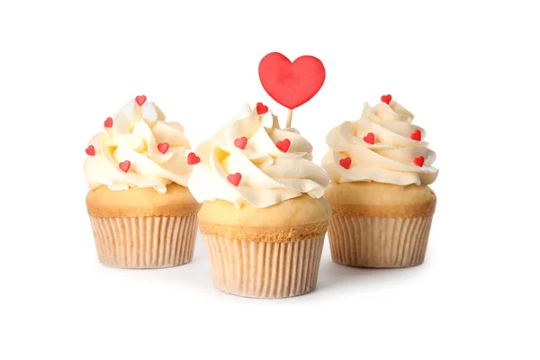 Sabrosos Cupcakes Para Día San Valentín Sobre Fondo Blanco — Foto de Stock