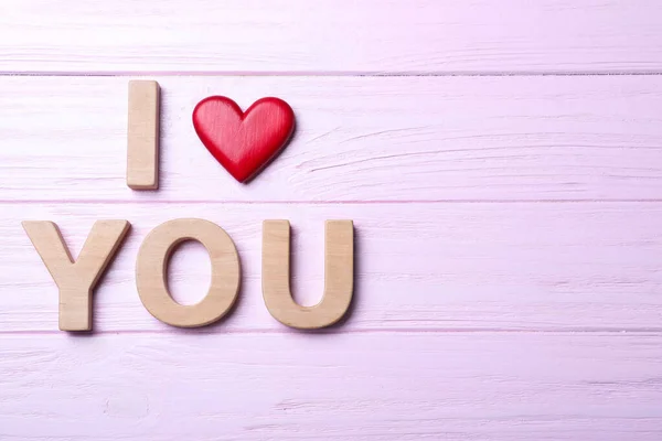 Phrase Love You Made Decorative Heart Letters Pink Wooden Background — Stock Photo, Image