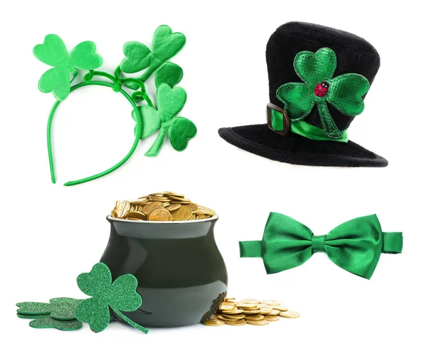 Set Met Traditionele Items Voor Patrick Day Viering Witte Achtergrond — Stockfoto