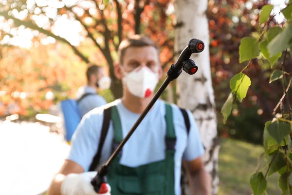 Schädlingsbekämpfer Freien Fokus Auf Insektizidsprüher — Stockfoto