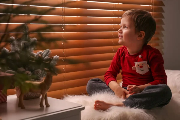 Cute Little Boy Window Home Christmas Atmosphere — Stock Photo, Image