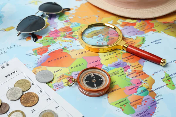 Different Travel Accessories World Map Closeup Planning Summer Vacation Trip — Stock Photo, Image