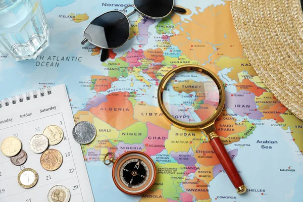 Flat Lay Composition Different Travel Accessories World Map Planning Summer — Stock Photo, Image