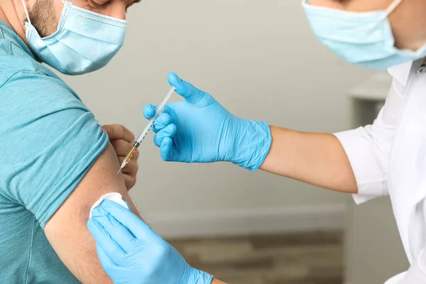 Doctor Giving Injection Patient Hospital Closeup Vaccination Day — Stock Photo, Image