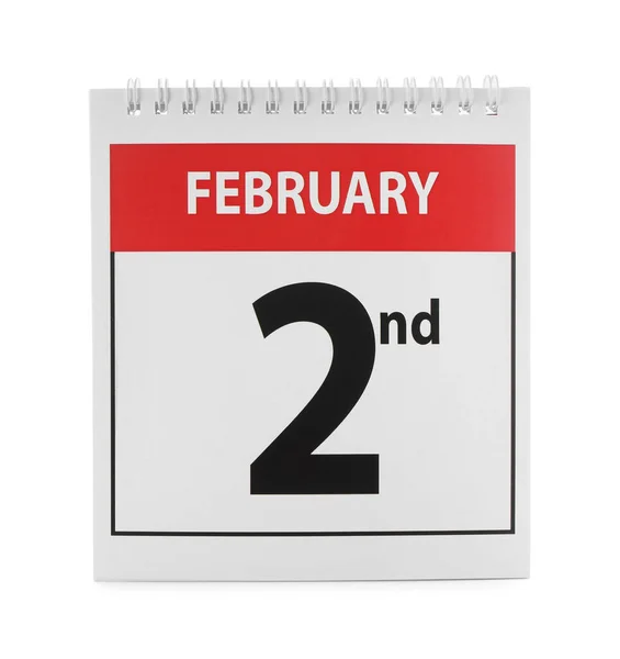 Calendar Date February 2Nd White Background Groundhog Day — Stock Photo, Image
