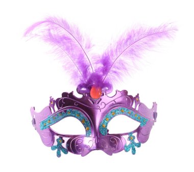 Beyaz tüylü güzel mor karnaval maskesi.