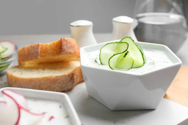 Delicious Cold Summer Soup Bowl Table Closeup — Stock Photo, Image