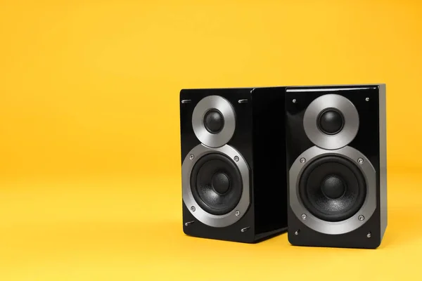 Modern Powerful Audio Speakers Yellow Background Space Text — Stock Photo, Image