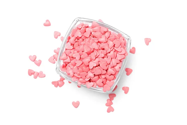 Sweet Candy Hearts Bowl White Background Top View — Stock Photo, Image