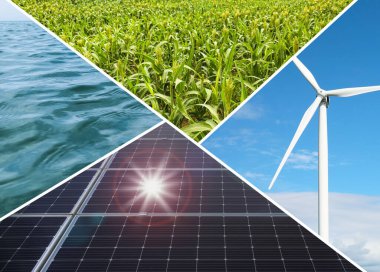 Su, alan, güneş panelleri ve rüzgar türbininin fotoğraflarıyla kolaj. Alternatif enerji kaynağı