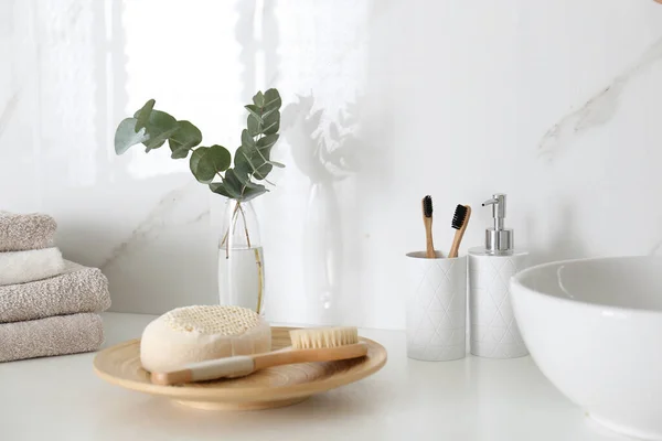 Fresh Eucalyptus Branches Bathroom Items Countertop — Stock Photo, Image